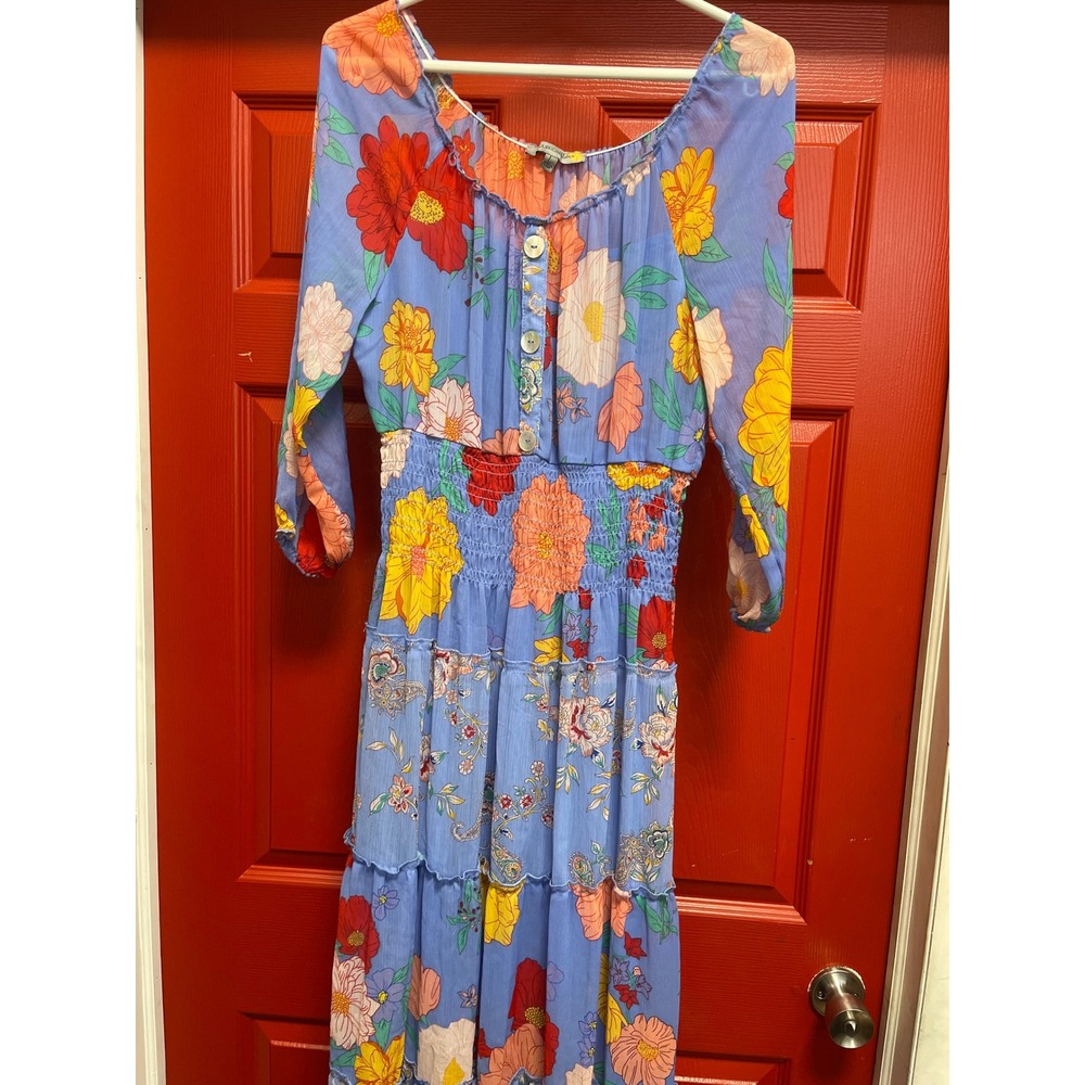 Gueroa & Flower Blue Floral Paisley Smocked Waist Tiered Maxi Dress Large